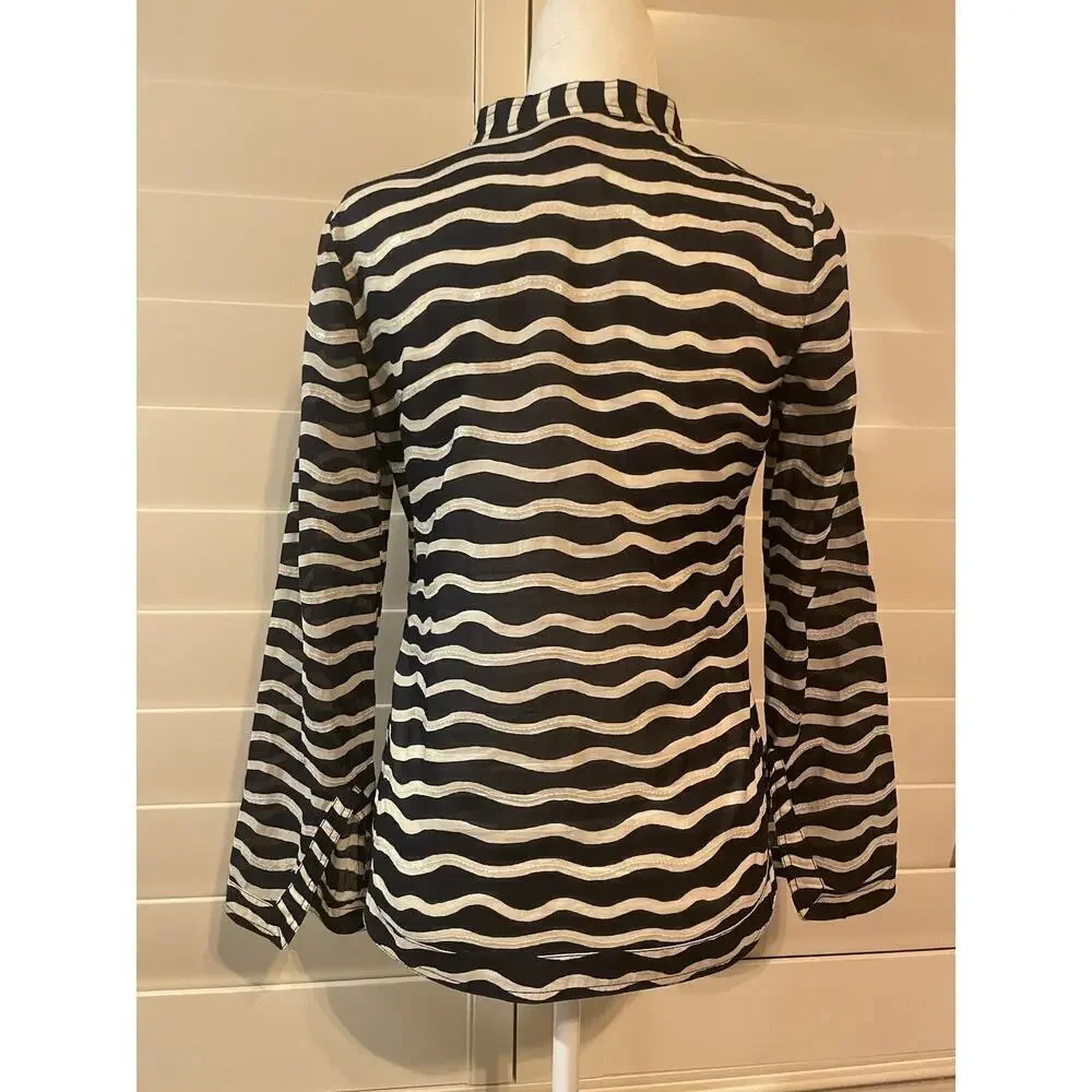 Tory Burch Sequined Tunic Top Navy White Striped Long Sleeve Blouse Popover 2 XS